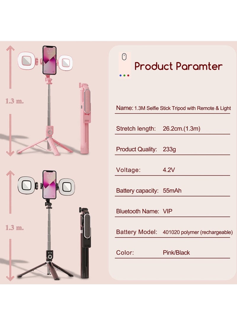Generic - High Quality Stainless Steel Selfie Stick Tripod Bluetooth Remote Control Mobile Phone Selfie Stick with 2 Fill Lights 360° Rotating Pan Head Retractable 1.3m Foldable Suitable for Photo Video Recording Live - Image 1