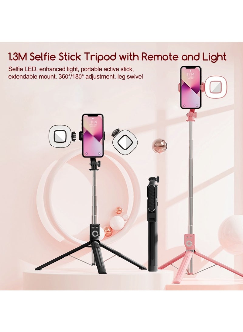 Generic - High Quality Stainless Steel Selfie Stick Tripod Bluetooth Remote Control Mobile Phone Selfie Stick with 2 Fill Lights 360° Rotating Pan Head Retractable 1.3m Foldable Suitable for Photo Video Recording Live - Image 1