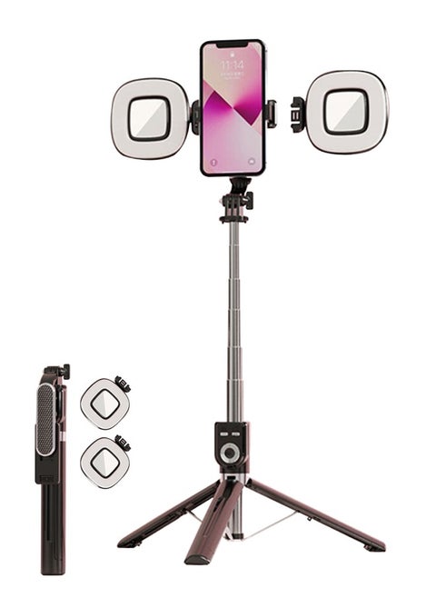 High Quality Stainless Steel Selfie Stick Tripod Bluetooth Remote Control Mobile Phone Selfie Stick with 2 Fill Lights 360° Rotating Pan Head Retractable 1.3m Foldable Suitable for Photo Video Recording Live