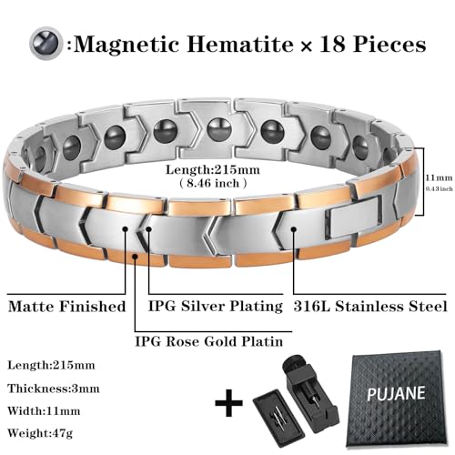 PUJANE Magnetic Hematite Bracelets for Men Women 316L Stainless Steel Power Balance Energy Magnets Stones Bracelet Jewelry Gift with Adjustment Tool SilverRose Gold - Image 5