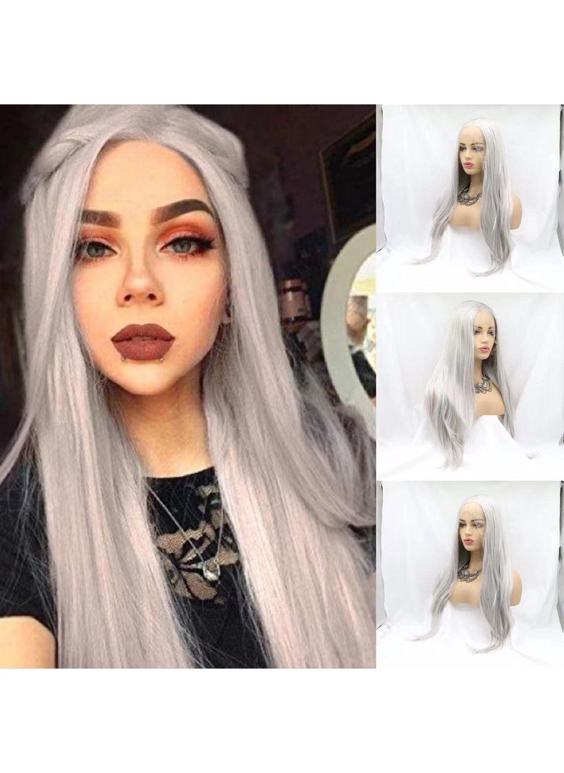 RainaHair - Long Straight Silver Grey Synthetic Lace Front Wigs with Free Part Glueless Heat Resistant Fiber Hair Wig for Women Silver Grey 24 Inch - Image 1