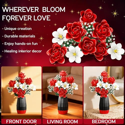 Asoulin Roses Flower Bouquet Building Set with Vase, Mom Gifts for Mothers Day, 1077PCS Artificial Botanical Collection Teacher Nurse Appreciation Birthday Gifts for Wife Grandma Women Her Him Teen Girl Adult - Image 5