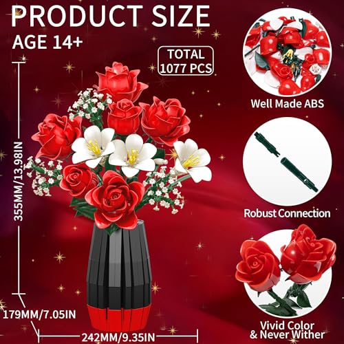 Asoulin Roses Flower Bouquet Building Set with Vase, Mom Gifts for Mothers Day, 1077PCS Artificial Botanical Collection Teacher Nurse Appreciation Birthday Gifts for Wife Grandma Women Her Him Teen Girl Adult - Image 2