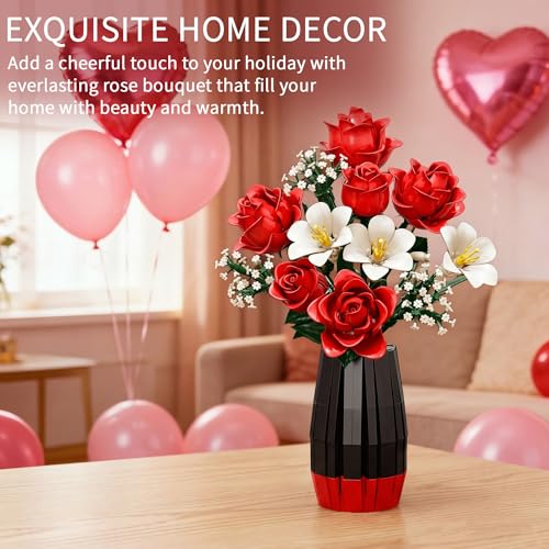 Asoulin Roses Flower Bouquet Building Set with Vase, Mom Gifts for Mothers Day, 1077PCS Artificial Botanical Collection Teacher Nurse Appreciation Birthday Gifts for Wife Grandma Women Her Him Teen Girl Adult - Image 4