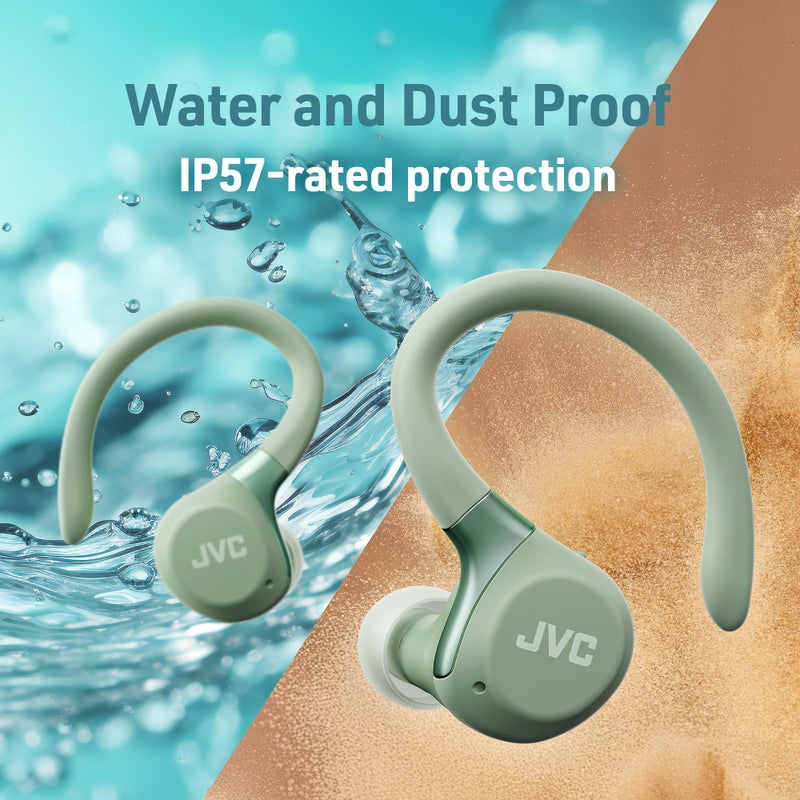 JVC Fitness Series True Wireless Sport Earbuds with Adjustable Hooks, Active Noise Cancelling, Ambient Sound Mode, IP57 Waterproof, 40hr Long Battery Life, App EQ, Low Latency, Mic HAEC75TG Green - Image 2