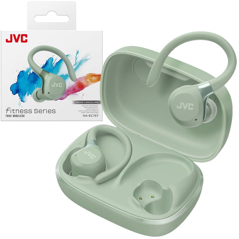 JVC Fitness Series True Wireless Sport Earbuds with Adjustable Hooks, Active Noise Cancelling, Ambient Sound Mode, IP57 Waterproof, 40hr Long Battery Life, App EQ, Low Latency, Mic HAEC75TG Green - Image 1