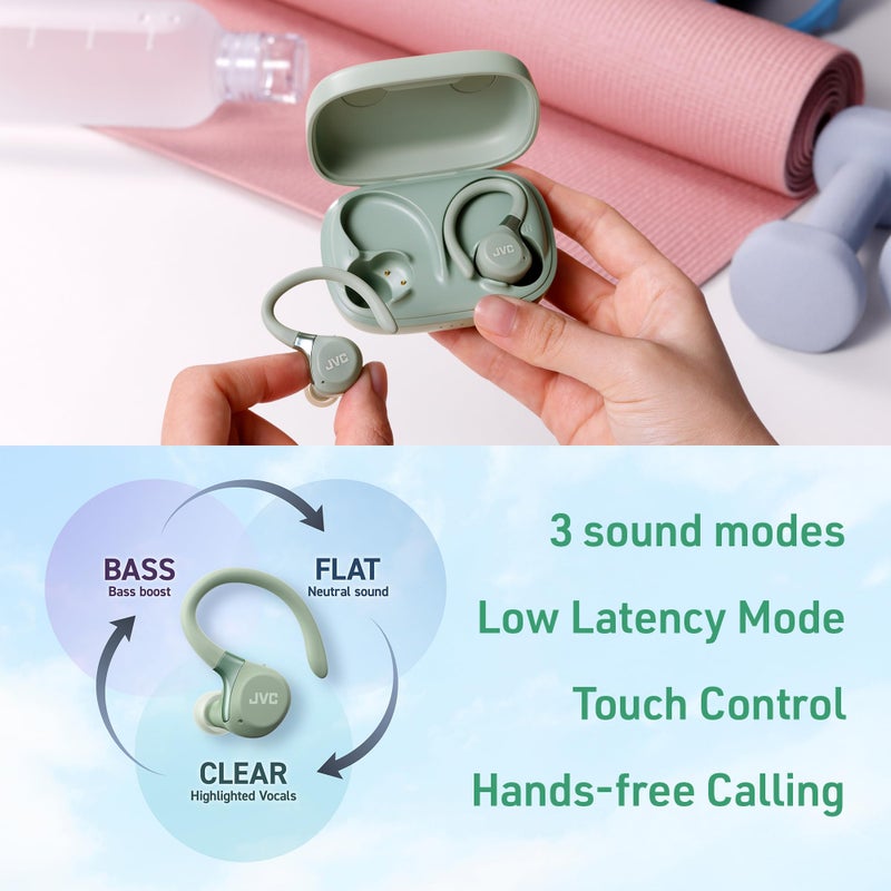 JVC Fitness Series True Wireless Sport Earbuds with Adjustable Hooks, Active Noise Cancelling, Ambient Sound Mode, IP57 Waterproof, 40hr Long Battery Life, App EQ, Low Latency, Mic HAEC75TG Green - Image 4