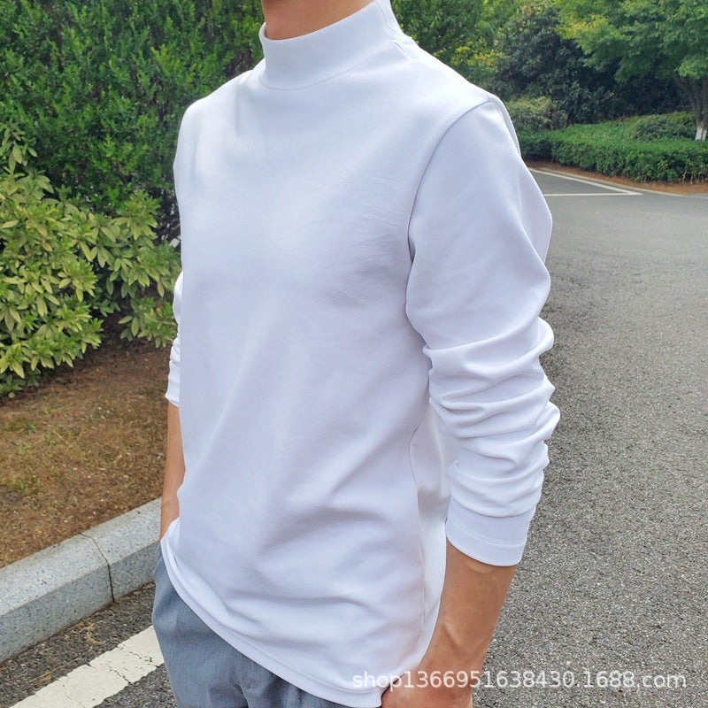 Autumn Heavy-Weight Peruvian Pima Cotton White Long-Sleeve T-Shirt for Men, Half-High Collar, Solid Color, Pure Cotton, Loose Basic Style Tee - Image 1