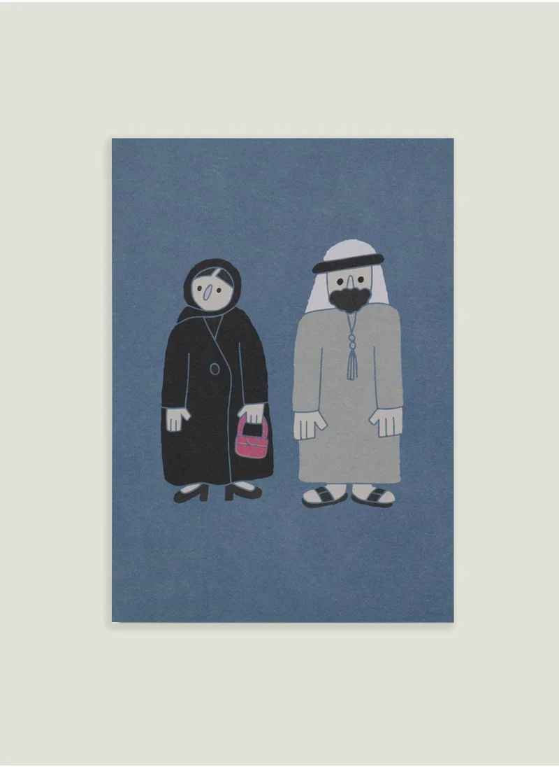 Little Majlis Postcard, Emirati lady & man blue