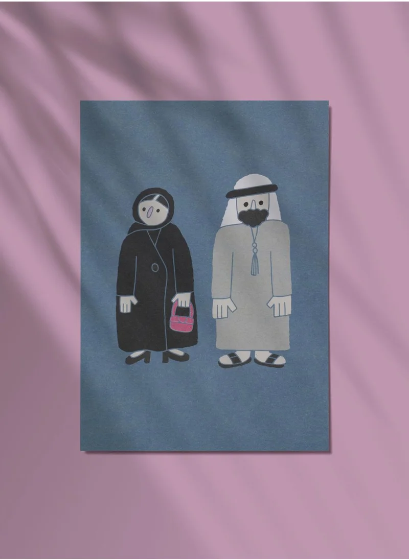 Little Majlis Postcard, Emirati lady & man blue