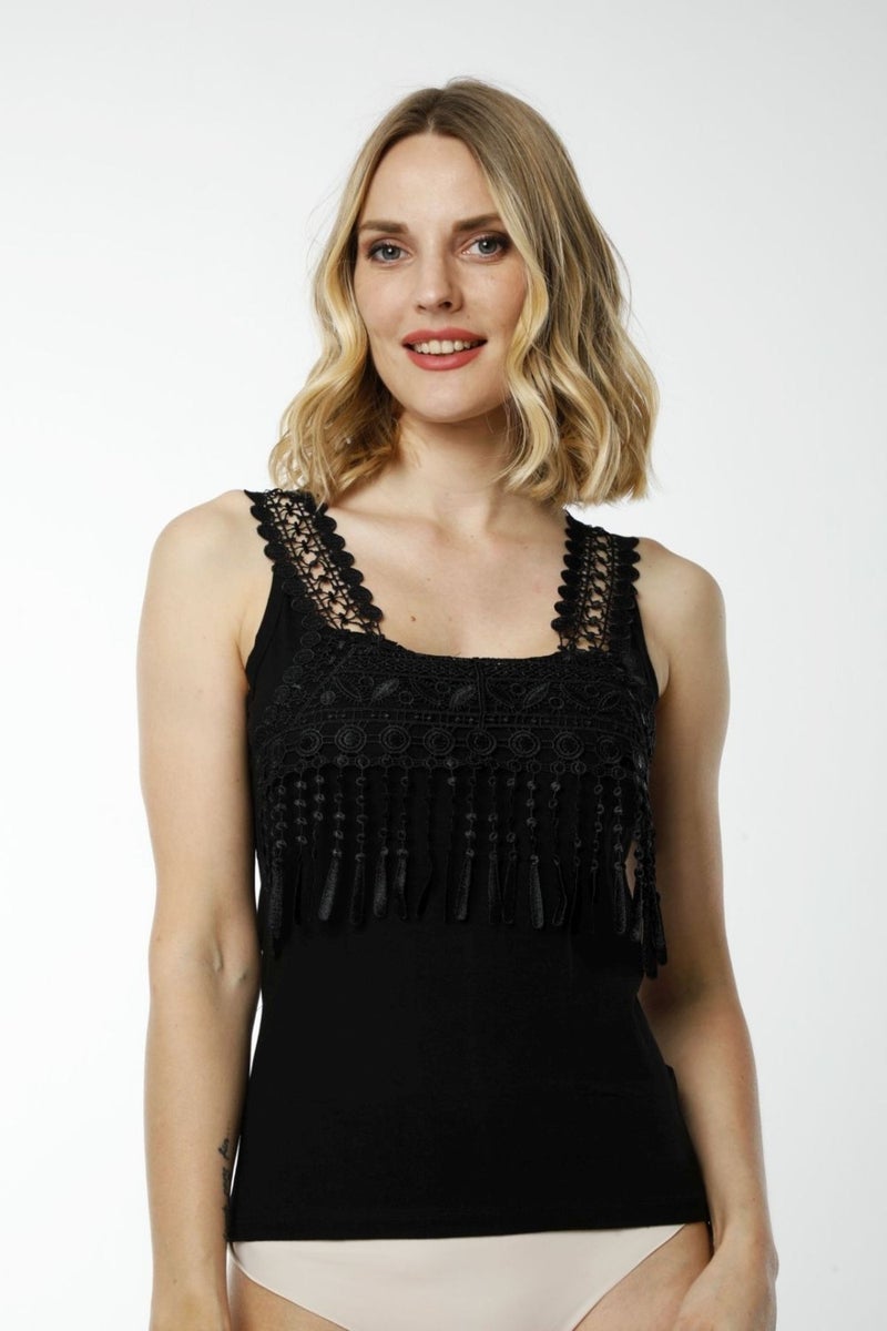 HMD Underwear Hmd 2475 Black Comfortable Texture Cotton Chest Part Guipure Detail Thick Strappy Women's Undershirt - Image 1