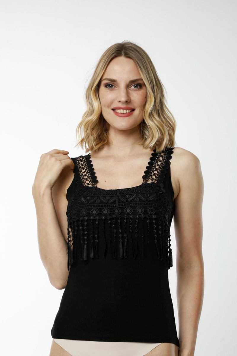 HMD Underwear Hmd 2475 Black Comfortable Texture Cotton Chest Part Guipure Detail Thick Strappy Women's Undershirt - Image 2