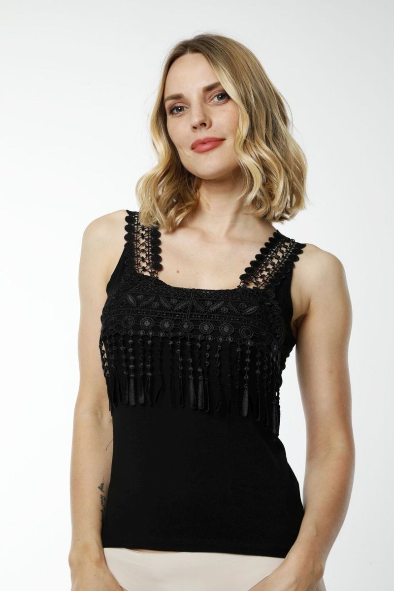 HMD Underwear Hmd 2475 Black Comfortable Texture Cotton Chest Part Guipure Detail Thick Strappy Women's Undershirt - Image 5