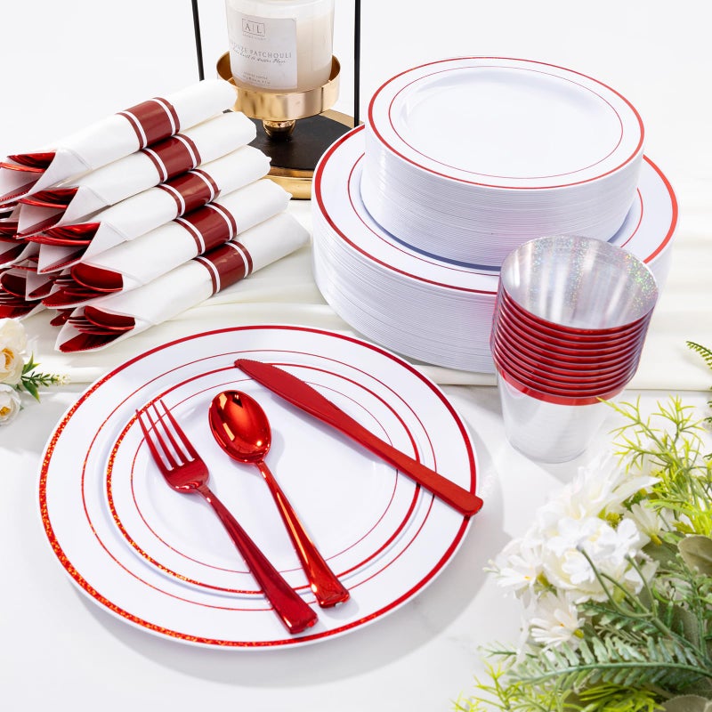 WELLIFE 210 Piece Red Plastic Dinnerware Set  Disposable Plates for Party Include: 30 Dinner Plates  30 Dessert Plates  30 Pre Rolled Napkins with Gold Silverware and 30 Gold Cups - Image 4