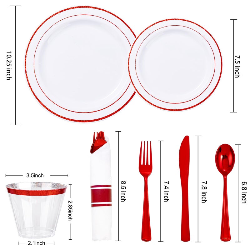 WELLIFE 210 Piece Red Plastic Dinnerware Set  Disposable Plates for Party Include: 30 Dinner Plates  30 Dessert Plates  30 Pre Rolled Napkins with Gold Silverware and 30 Gold Cups - Image 1