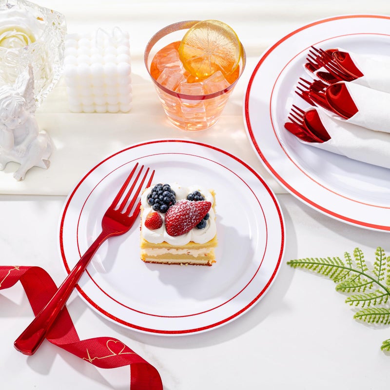 WELLIFE 210 Piece Red Plastic Dinnerware Set  Disposable Plates for Party Include: 30 Dinner Plates  30 Dessert Plates  30 Pre Rolled Napkins with Gold Silverware and 30 Gold Cups - Image 3