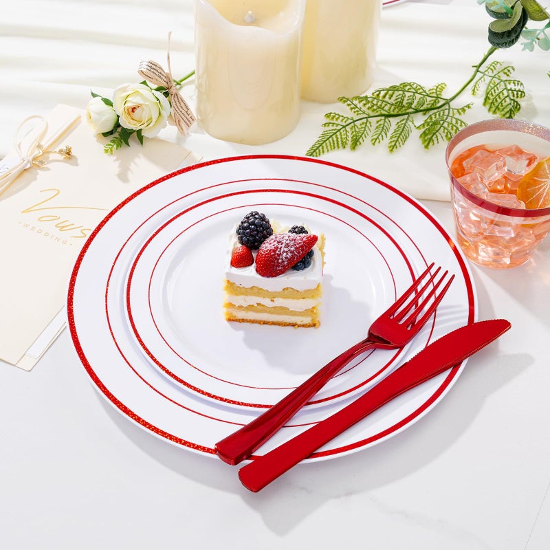 WELLIFE 210 Piece Red Plastic Dinnerware Set  Disposable Plates for Party Include: 30 Dinner Plates  30 Dessert Plates  30 Pre Rolled Napkins with Gold Silverware and 30 Gold Cups - Image 2