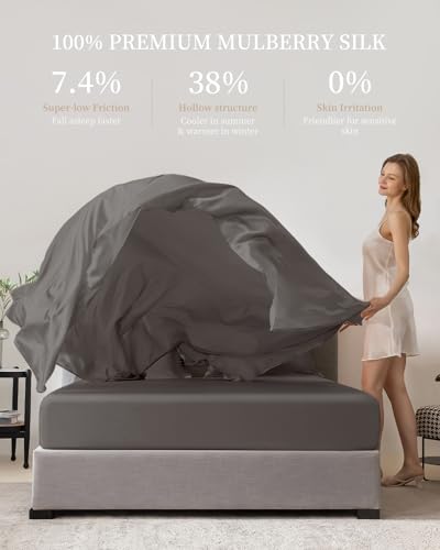THXSILK 100% Mulberry Silk Sheet Set, 7A+ Silk Sheet Set Soft Breathable, Luxury Bedding (1 Flat Sheet, 1 Fitted Sheet, 2 Pillow Shams) Queen, Charcoal - Image 3