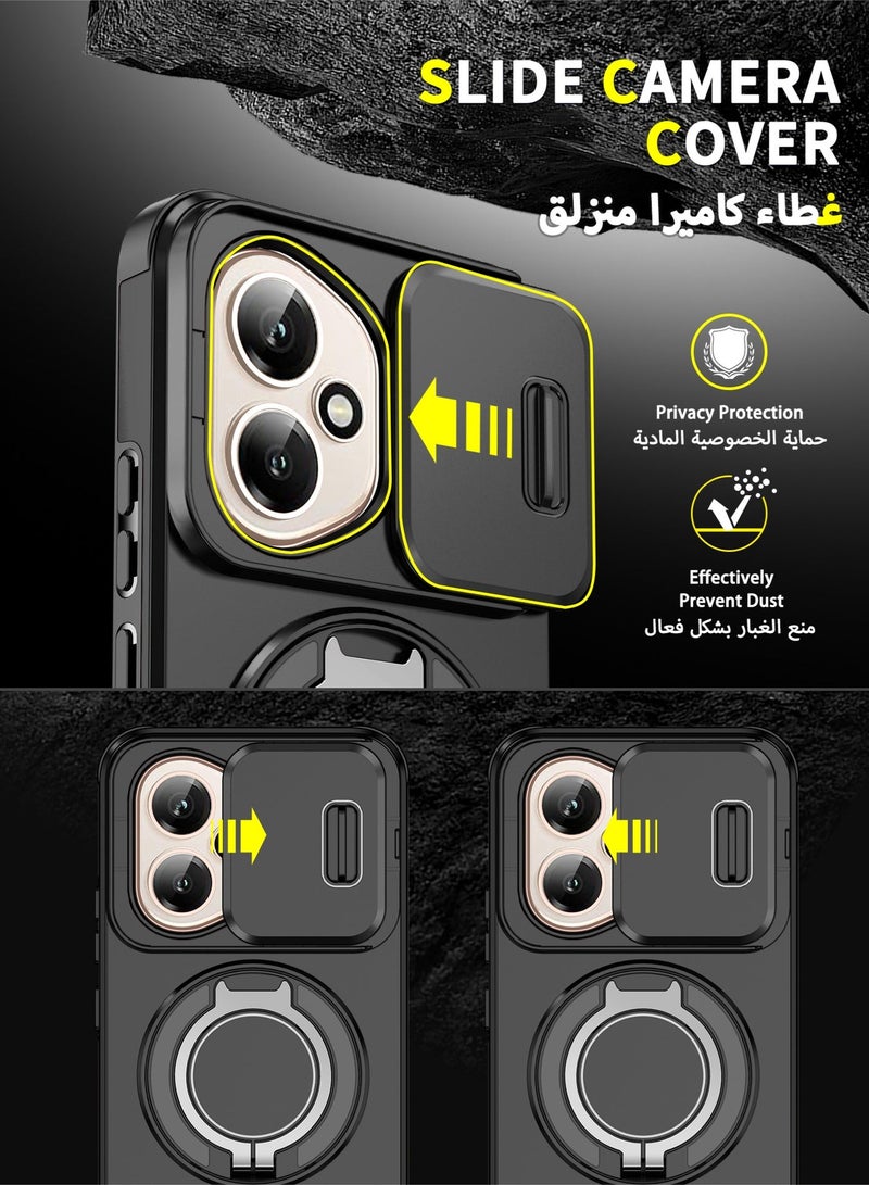 عش زي غلاف هونر 400 بغطاء كاميرا منزلق، ملمس ناعم، مغناطيس قوي جداً، حامل حلقة دوارة 360 درجة، حماية ضد الصدمات مع وسائد هوائية بارتفاع خفيف عند الزوايا، أسود، 1 قطعة - Image 2