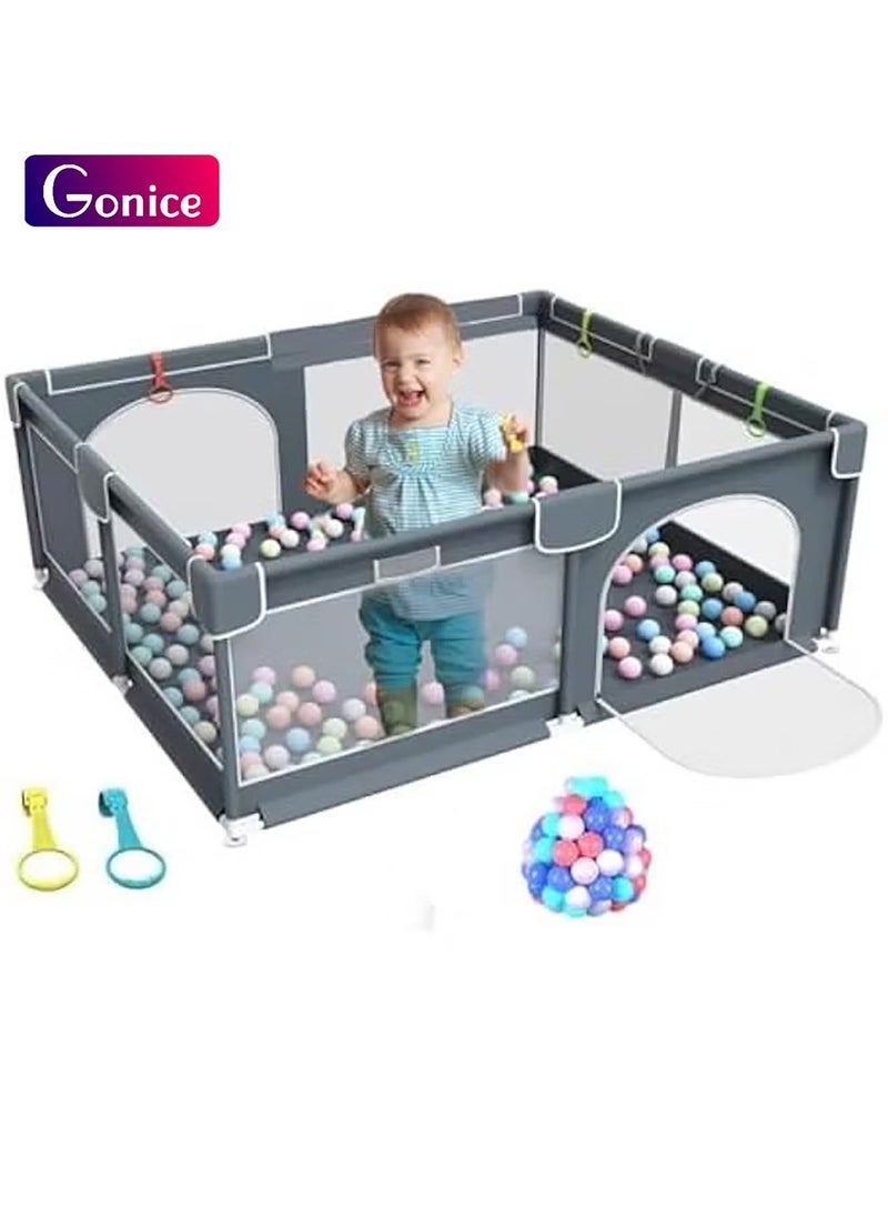 Gonice - Baby Playpen with Gate, 120x120 cm Toddler Safety Activity Center, Sturdy Playard with Anti-Slip Base, Portable Children's Fence with 10 Balls and 2 Hanging Pulls, Packable - Image 1