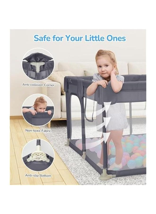 Gonice - Baby Playpen with Gate, 120x120 cm Toddler Safety Activity Center, Sturdy Playard with Anti-Slip Base, Portable Children's Fence with 10 Balls and 2 Hanging Pulls, Packable - Image 1