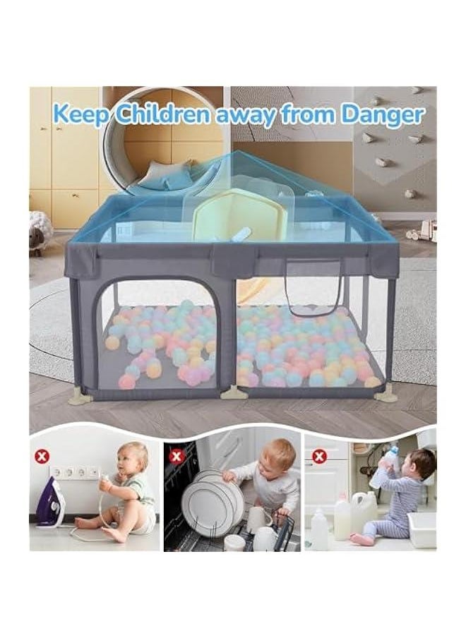 Gonice - Baby Playpen with Gate, 120x120 cm Toddler Safety Activity Center, Sturdy Playard with Anti-Slip Base, Portable Children's Fence with 10 Balls and 2 Hanging Pulls, Packable - Image 1