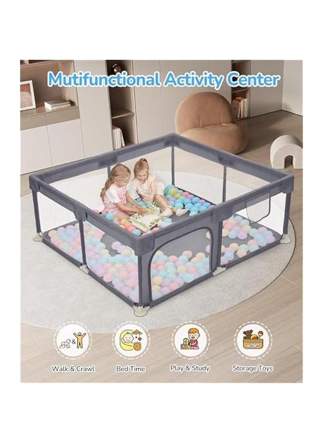 Gonice - Baby Playpen with Gate, 120x120 cm Toddler Safety Activity Center, Sturdy Playard with Anti-Slip Base, Portable Children's Fence with 10 Balls and 2 Hanging Pulls, Packable - Image 1