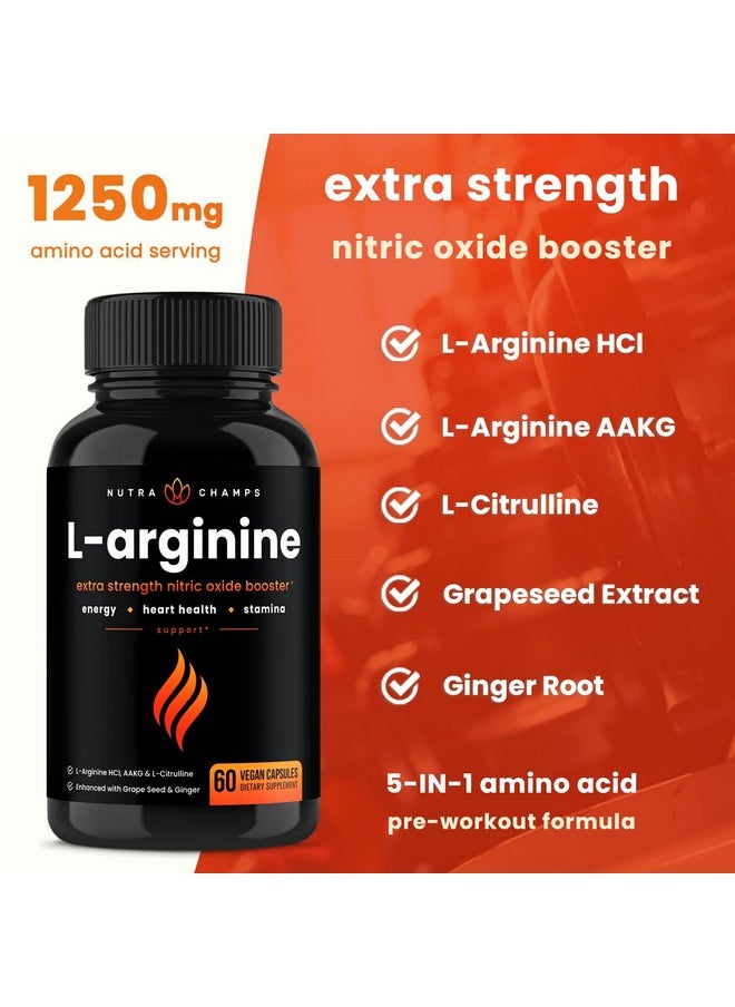 NutraChamps Premium L Arginine Supplement ; 5In1 Nitric Oxide Supplement ; Larginine Powder & L Citrulline Enhanced With Grape Seed & Ginger ; Energy Blood Flow Heart Health & Stamina ; 60 Vegan Capsules  - Image 5