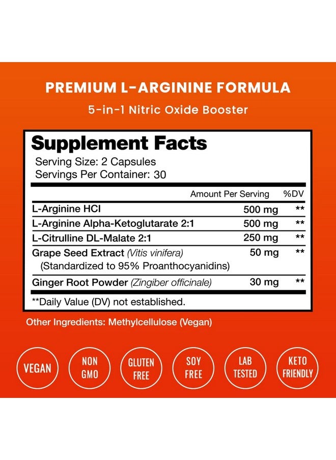 NutraChamps Premium L Arginine Supplement ; 5In1 Nitric Oxide Supplement ; Larginine Powder & L Citrulline Enhanced With Grape Seed & Ginger ; Energy Blood Flow Heart Health & Stamina ; 60 Vegan Capsules  - Image 3