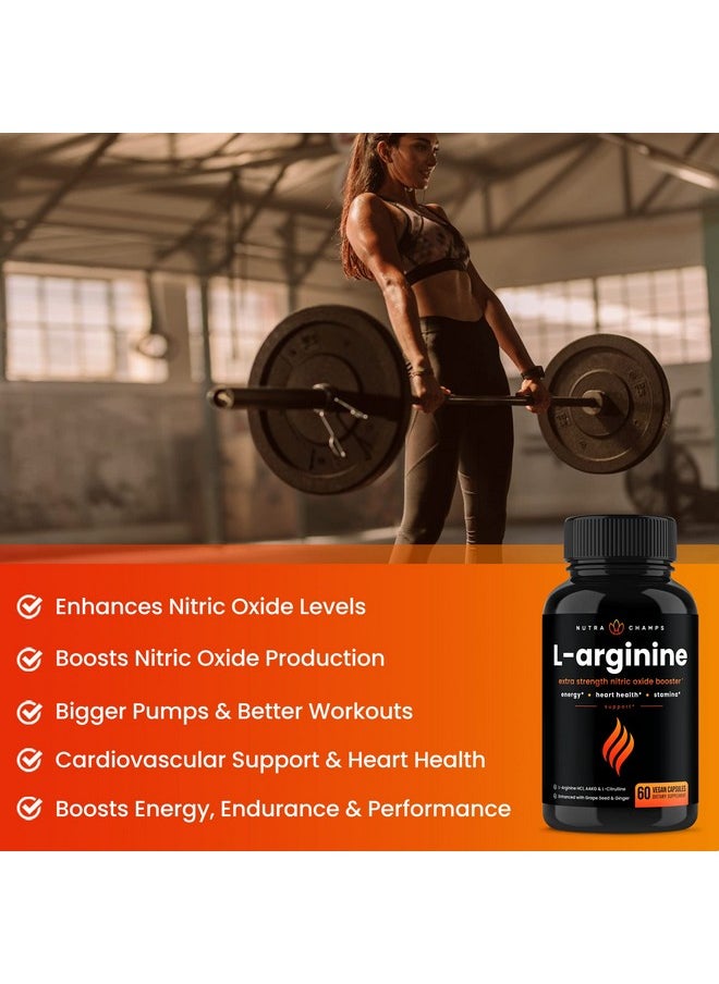 NutraChamps Premium L Arginine Supplement ; 5In1 Nitric Oxide Supplement ; Larginine Powder & L Citrulline Enhanced With Grape Seed & Ginger ; Energy Blood Flow Heart Health & Stamina ; 60 Vegan Capsules  - Image 4