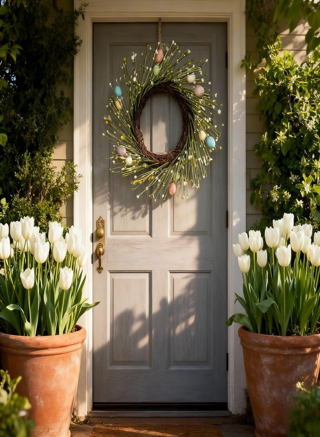 HipTree 16 Inch Farmhouse Easter Wreath for Front Door, Artificial Pastel Spring Wreath with Mini Easter Eggs, Handcrafted Wreaths for Entryway Mantel Window Indoor Outdoor Decorations - Image 3