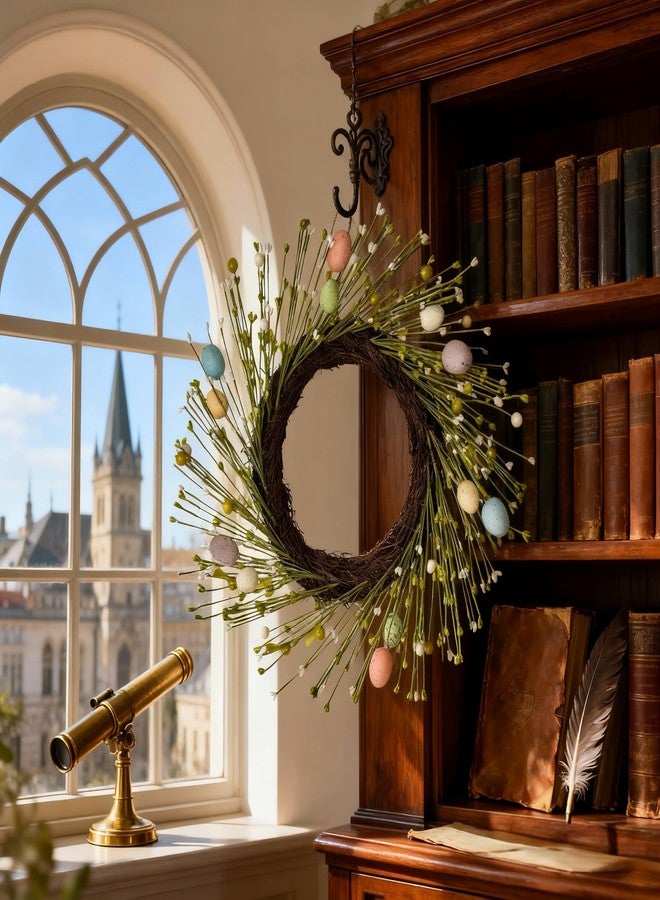HipTree 16 Inch Farmhouse Easter Wreath for Front Door, Artificial Pastel Spring Wreath with Mini Easter Eggs, Handcrafted Wreaths for Entryway Mantel Window Indoor Outdoor Decorations - Image 2