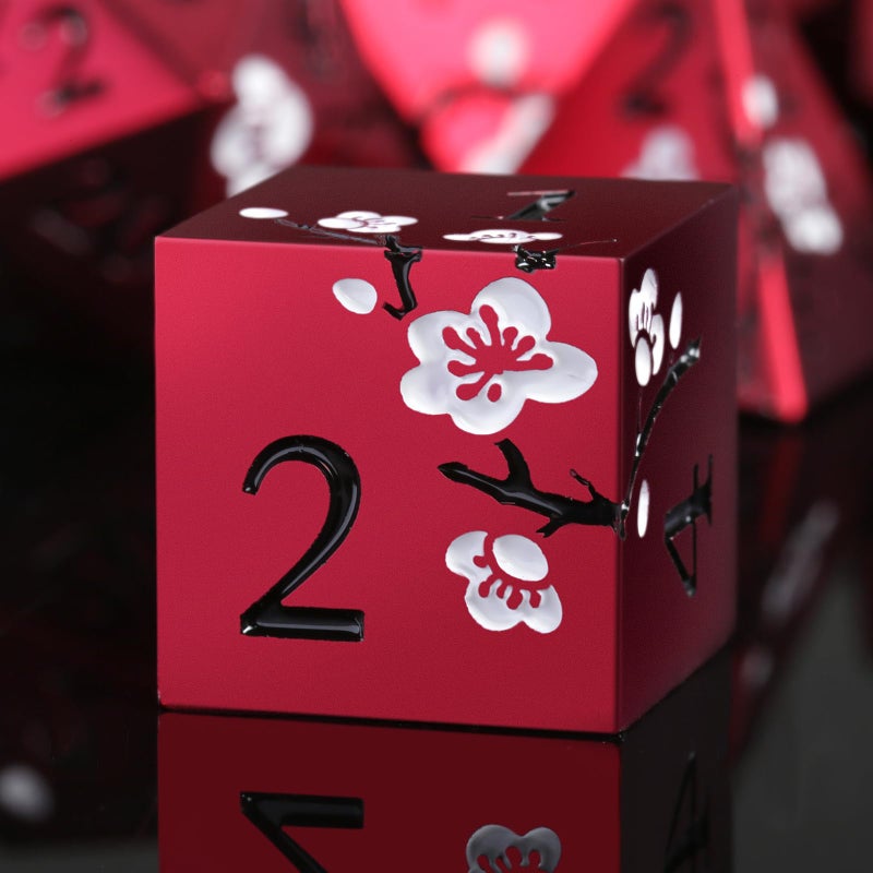 DNDND Matt Red DND Metal Dice, DNDND 7 PCS Heavy Metallic D&D Dice Set with Gorgeous Gift Case for Dungeons and Dragon Tabletop Game (Matte Red with White Flower) - Image 1