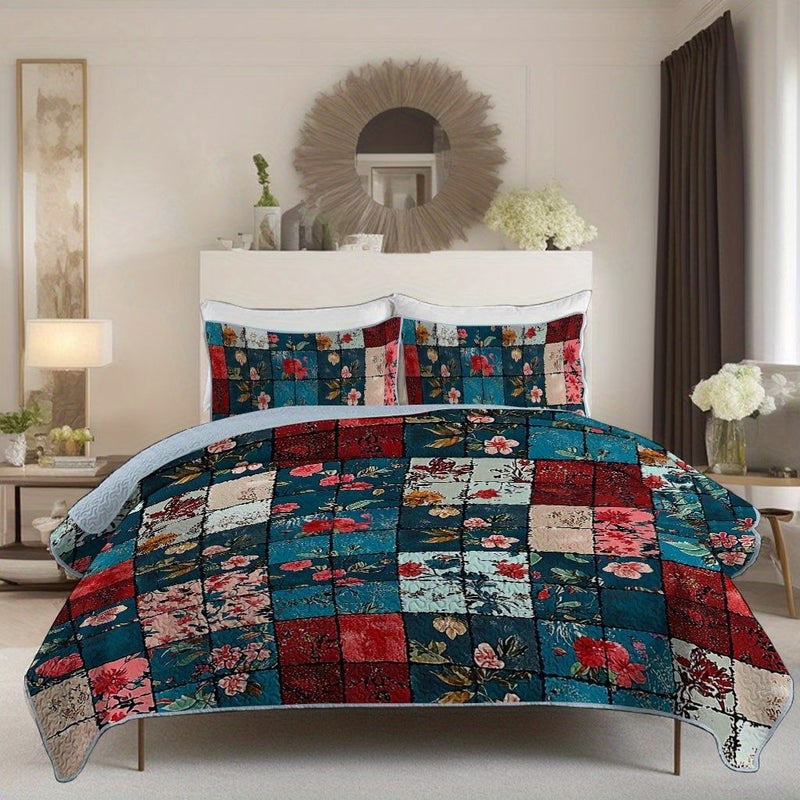 Vintage Style Colorful Patchwork Floral Pattern Quilt Set 1 Quilt And 2 Pillowcases Without Fillers Breathable Lightweight Machine Washable Comfortable Sleeping For Dorm And Bedroom King Queen Multicolor 70.87 Inch By 86.61 Inch - Image 1
