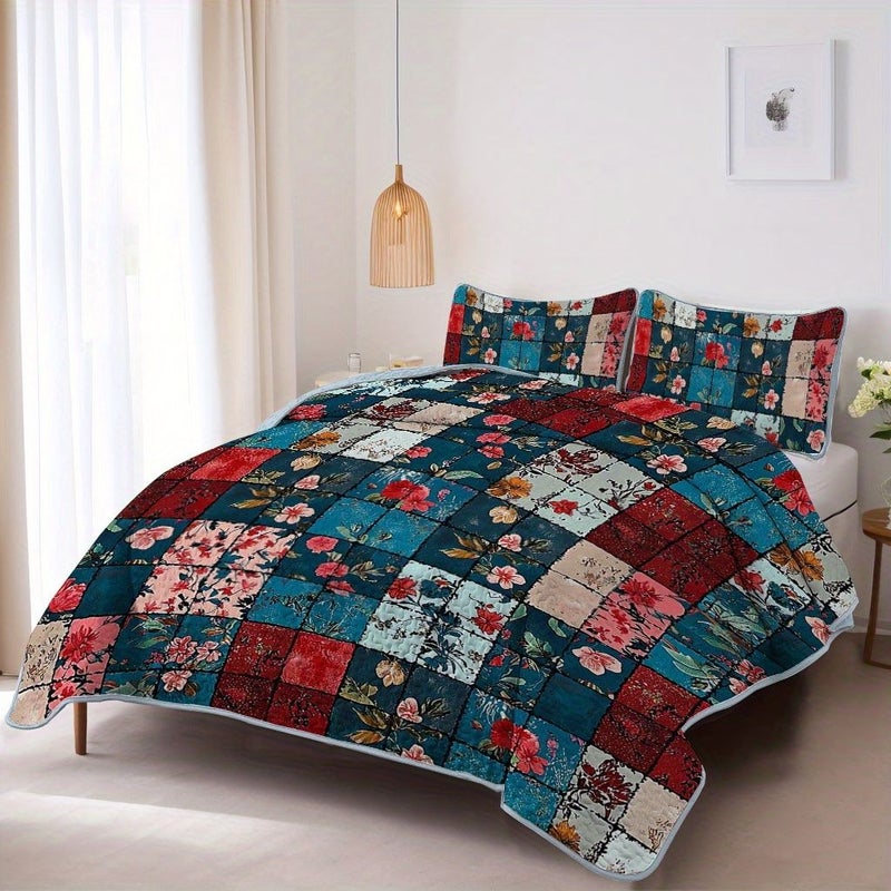 Vintage Style Colorful Patchwork Floral Pattern Quilt Set 1 Quilt And 2 Pillowcases Without Fillers Breathable Lightweight Machine Washable Comfortable Sleeping For Dorm And Bedroom King Queen Multicolor 70.87 Inch By 86.61 Inch - Image 4