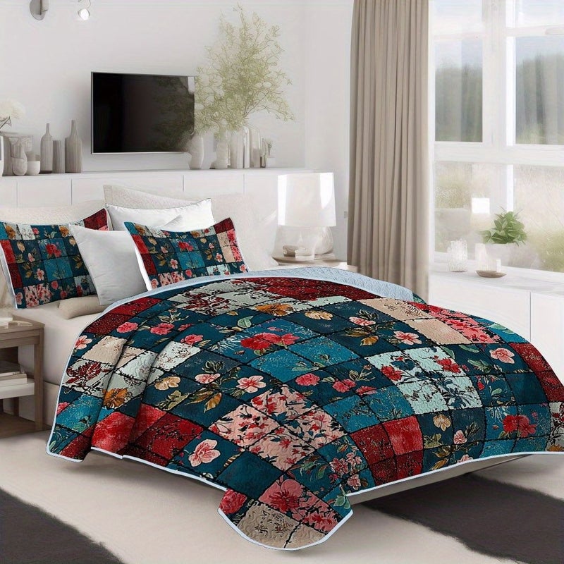 Vintage Style Colorful Patchwork Floral Pattern Quilt Set 1 Quilt And 2 Pillowcases Without Fillers Breathable Lightweight Machine Washable Comfortable Sleeping For Dorm And Bedroom King Queen Multicolor 70.87 Inch By 86.61 Inch - Image 2
