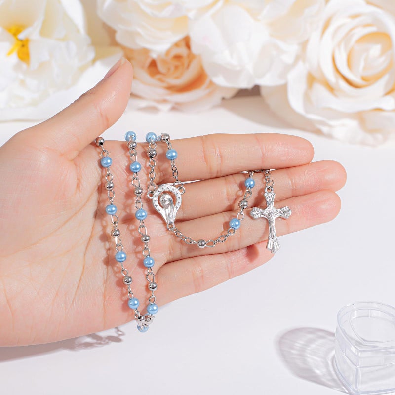 ROCEEI 24 Pcs Catholic Rosary Necklace 4 mm Glass Beads Rosary Favors Crucifix Prayer with Faux Pearl with Heart Shaped Box and Organza Bag for First Communion Baptism (Blue) - Image 4