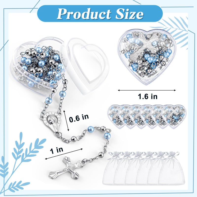 ROCEEI 24 Pcs Catholic Rosary Necklace 4 mm Glass Beads Rosary Favors Crucifix Prayer with Faux Pearl with Heart Shaped Box and Organza Bag for First Communion Baptism (Blue) - Image 2