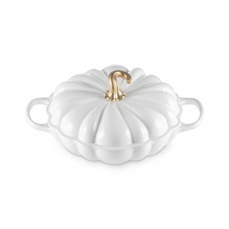 Enameled Cast Iron Figural Pumpkin Braiser for cooking, white enamel finish, durable heat retention and even heating - Image 1