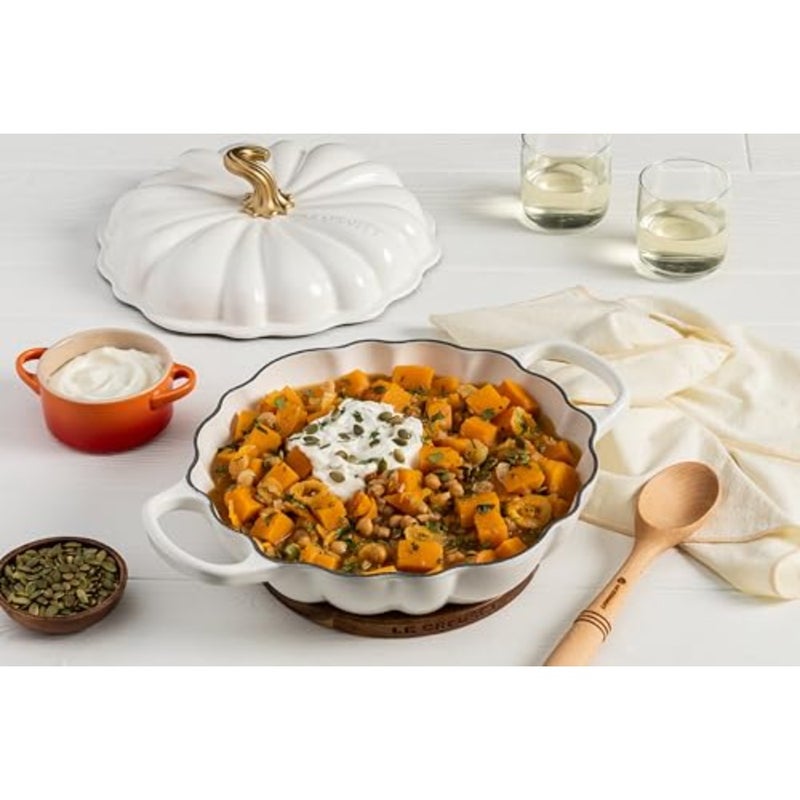 Enameled Cast Iron Figural Pumpkin Braiser for cooking, white enamel finish, durable heat retention and even heating - Image 5