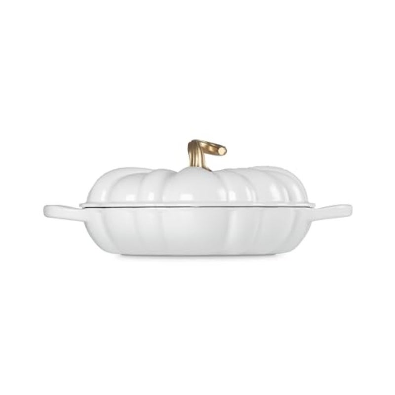 Enameled Cast Iron Figural Pumpkin Braiser for cooking, white enamel finish, durable heat retention and even heating - Image 4