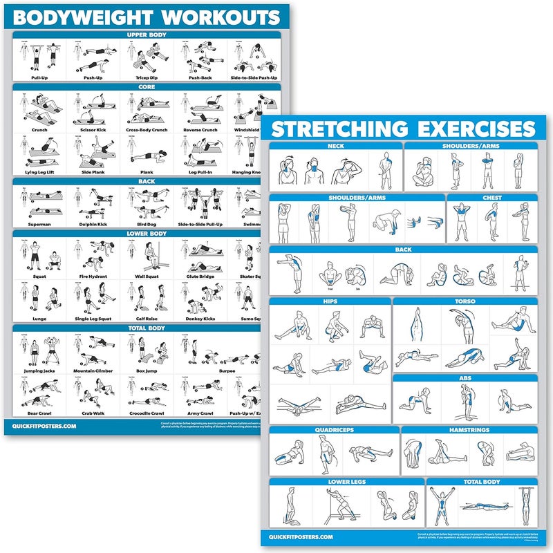 Palace Learning QuickFit Bodyweight Workouts and Stretching Exercise Poster Set - Laminated 2 Chart Set - Body Weight Exercise Routine & Stretching Workouts (18" x 24") - Image 1