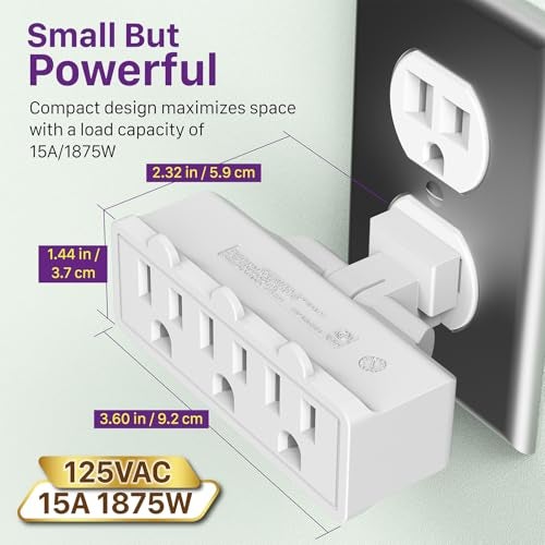 Fosmon 3 Outlet Adapter, 3 Way Rotating Outlet Plug Adapter, Swivel Plug Outlet 90 Degree Right Angle Plug Adapter, Three Way Rotating Electrical Outlet Wall Extender Indoor, 3-Prong, Grounded - Image 2