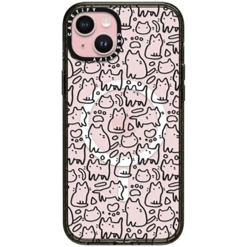 Casetify Impact Case for iPhone 15 Plus 【8.2ft 4X Military Grade Drop Protection/Compatible with Magsafe】 - Funny Doodle Kitty Cats Pattern - Clear Black - Image 1