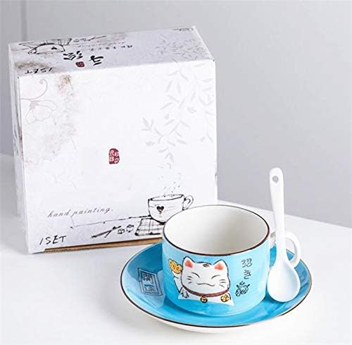 EatingBiting EatingBiting 5 Colors Handcraft Lucky Cat Maneki Neko Ceramic Tea Cups Mugs Dish Spoon 3PCs blue  - Image 3