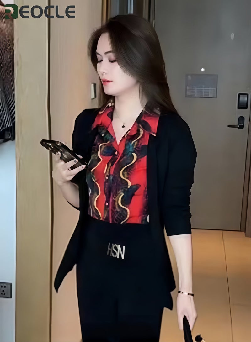 ريوكل قميص نسائي مزيج بأكمام طويلة قميص دافئ للخريف قميص عصري بياقة مطوية وأزرار قميص مطبوع بالزهور للذهاب إلى العمل والأعمال اليومية والارتداء اليومي - Image 1