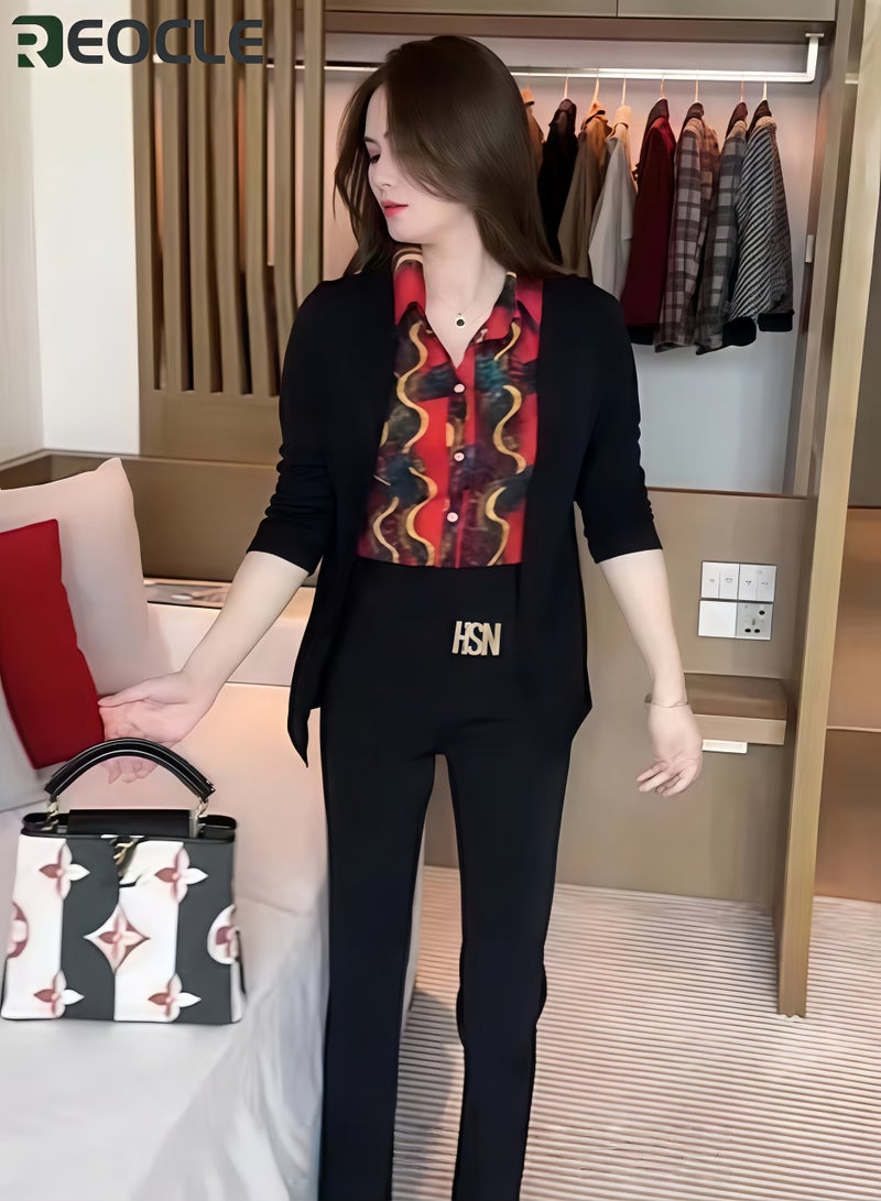 ريوكل قميص نسائي مزيج بأكمام طويلة قميص دافئ للخريف قميص عصري بياقة مطوية وأزرار قميص مطبوع بالزهور للذهاب إلى العمل والأعمال اليومية والارتداء اليومي - Image 2