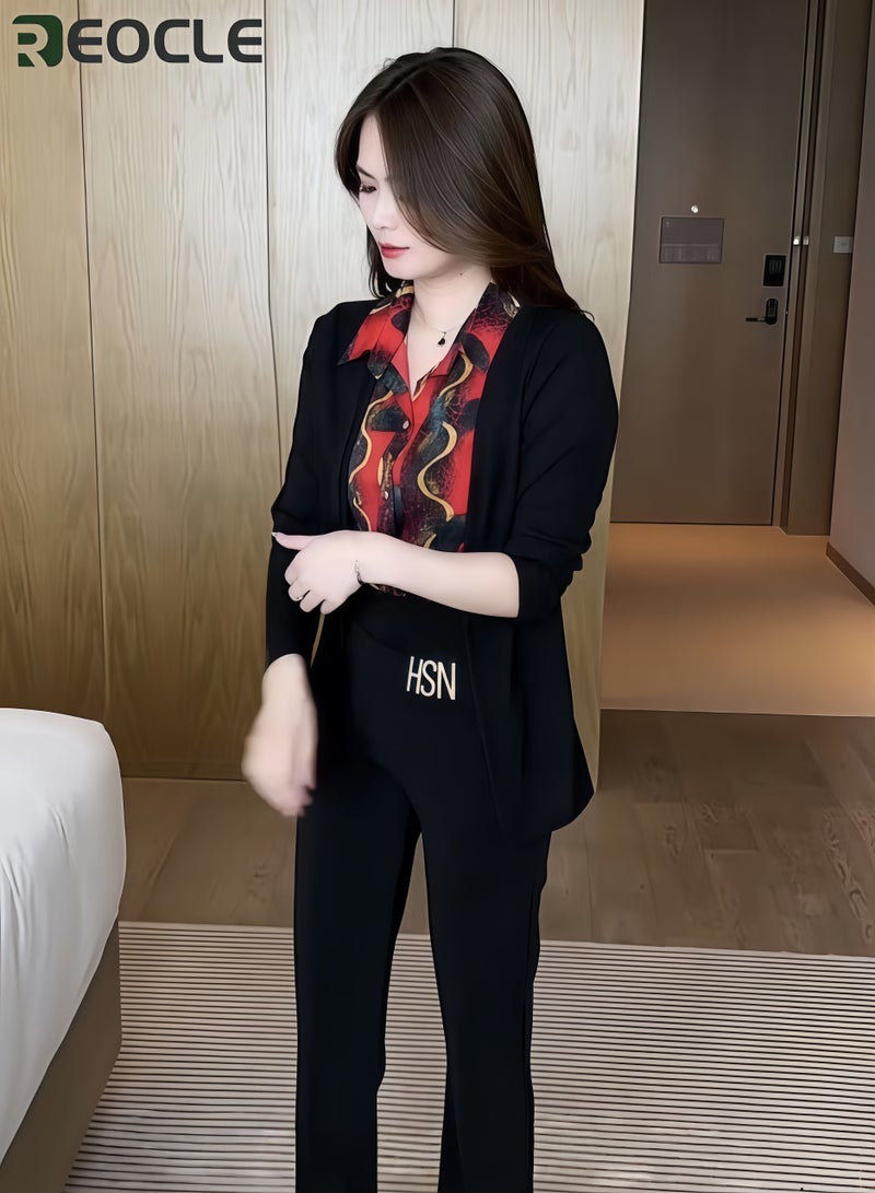 ريوكل قميص نسائي مزيج بأكمام طويلة قميص دافئ للخريف قميص عصري بياقة مطوية وأزرار قميص مطبوع بالزهور للذهاب إلى العمل والأعمال اليومية والارتداء اليومي - Image 4