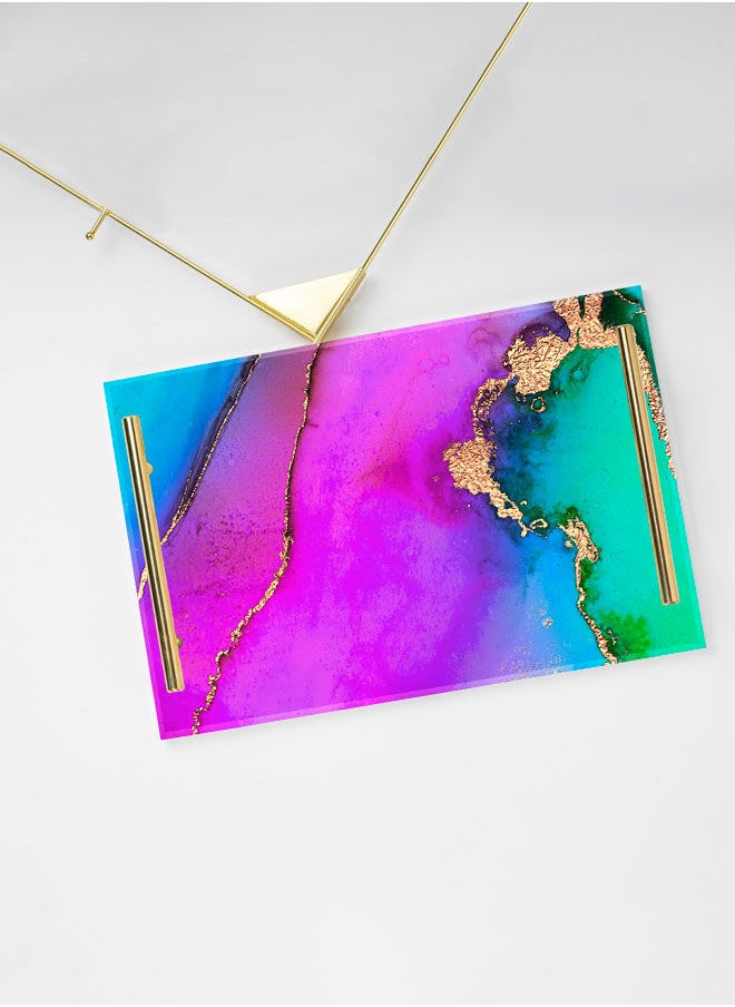 LOWHA Decorative Acrylic Serving Tray with Gold Color Metal Handles Watercolor Art 20x30cm  - Image 3