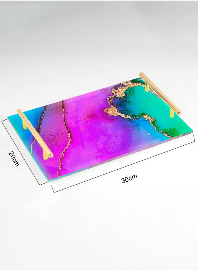 LOWHA Decorative Acrylic Serving Tray with Gold Color Metal Handles Watercolor Art 20x30cm  - Image 2